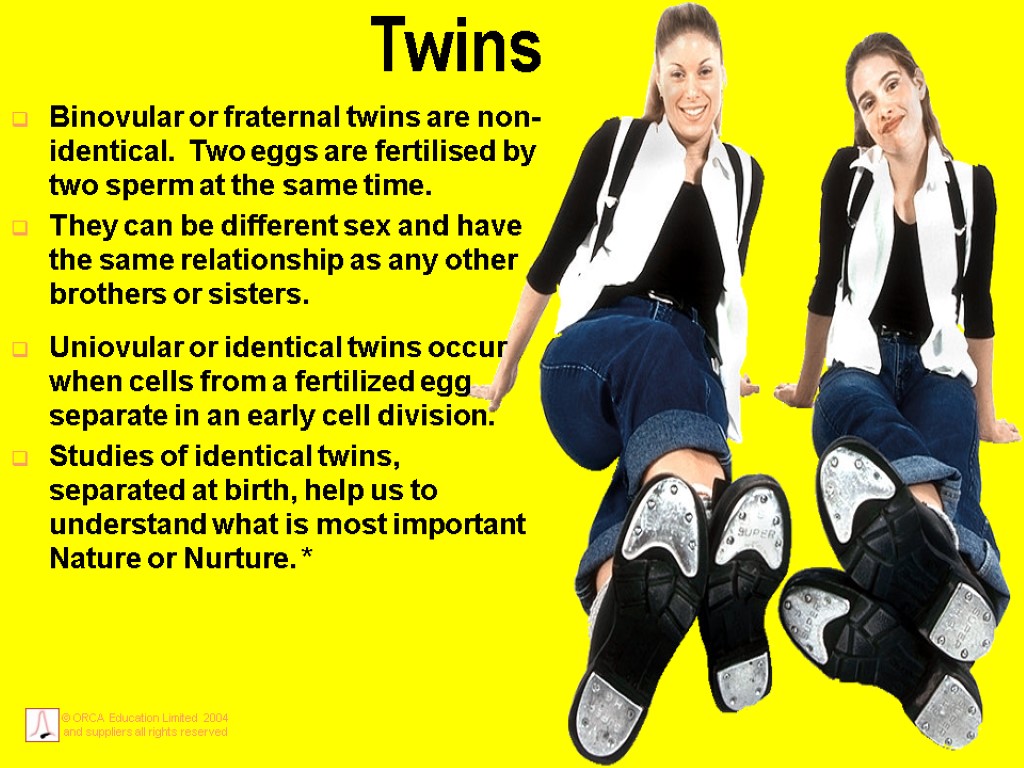 Twins Binovular or fraternal twins are non-identical. Two eggs are fertilised by two sperm